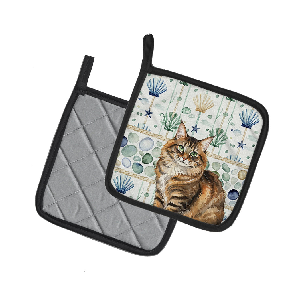 Norwegian Forest Cat Brown Tabby Cat Coastal Sea Glass Pot Holder Set of 2 Heat Resistant Quilted Hot Pads 7.5 x 7.5 Inch, Insulated Kitchen Trivets for Cooking & Baking