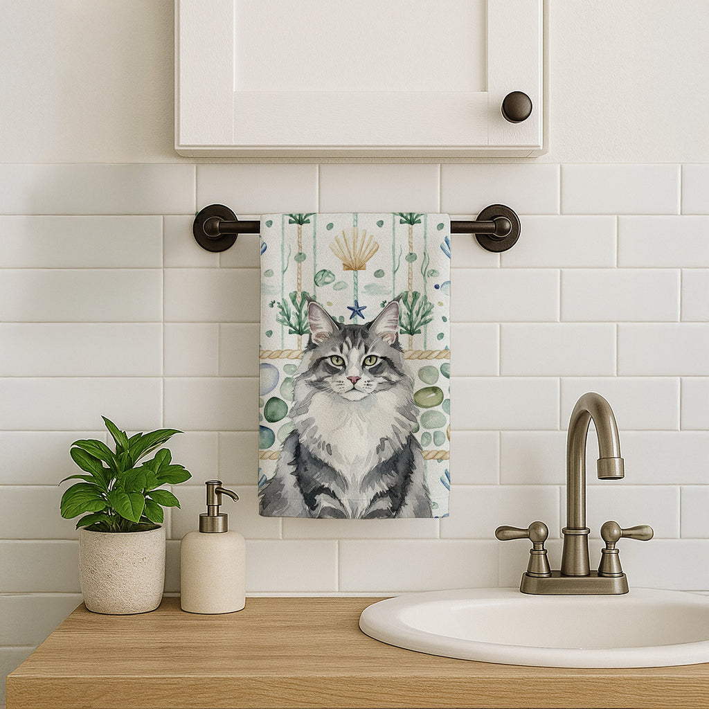 Norwegian Forest Cat Gray and White Cat Coastal Sea Glass Kitchen Towel Velour Plush Front and Cotton Loop Back Machine Washable