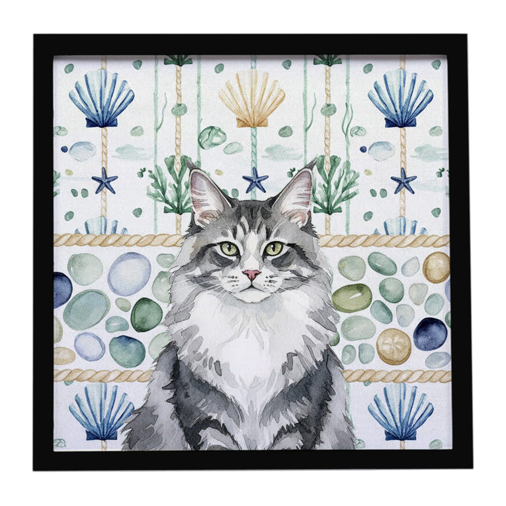 Norwegian Forest Cat Gray and White Cat Coastal Sea Glass Framed Metal Print Bathroom, Kitchen, Office, Home Decor Wall Art Ready to Hang, Square, 8X8