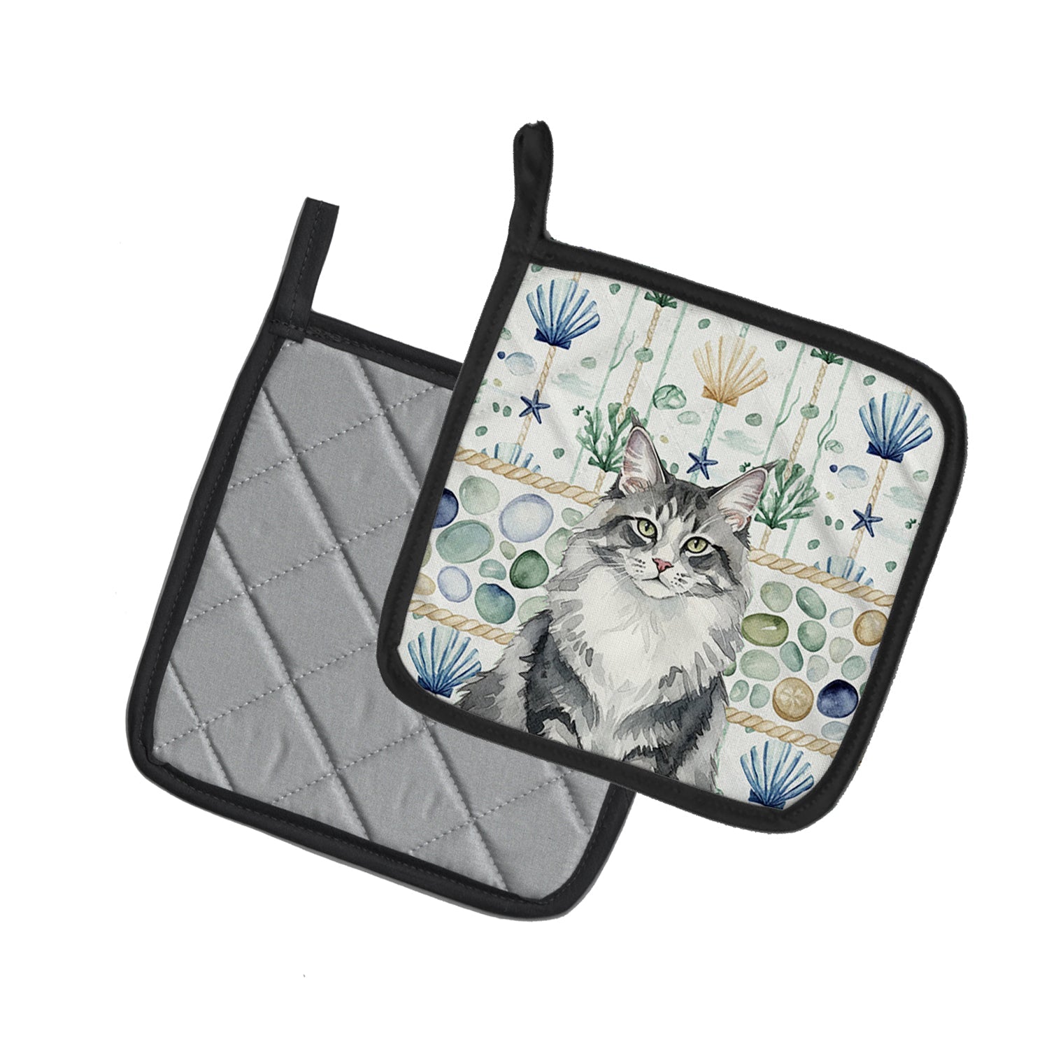 Norwegian Forest Cat Gray and White Cat Coastal Sea Glass Pot Holder Set of 2 Heat Resistant Quilted Hot Pads 7.5 x 7.5 Inch, Insulated Kitchen Trivets for Cooking & Baking