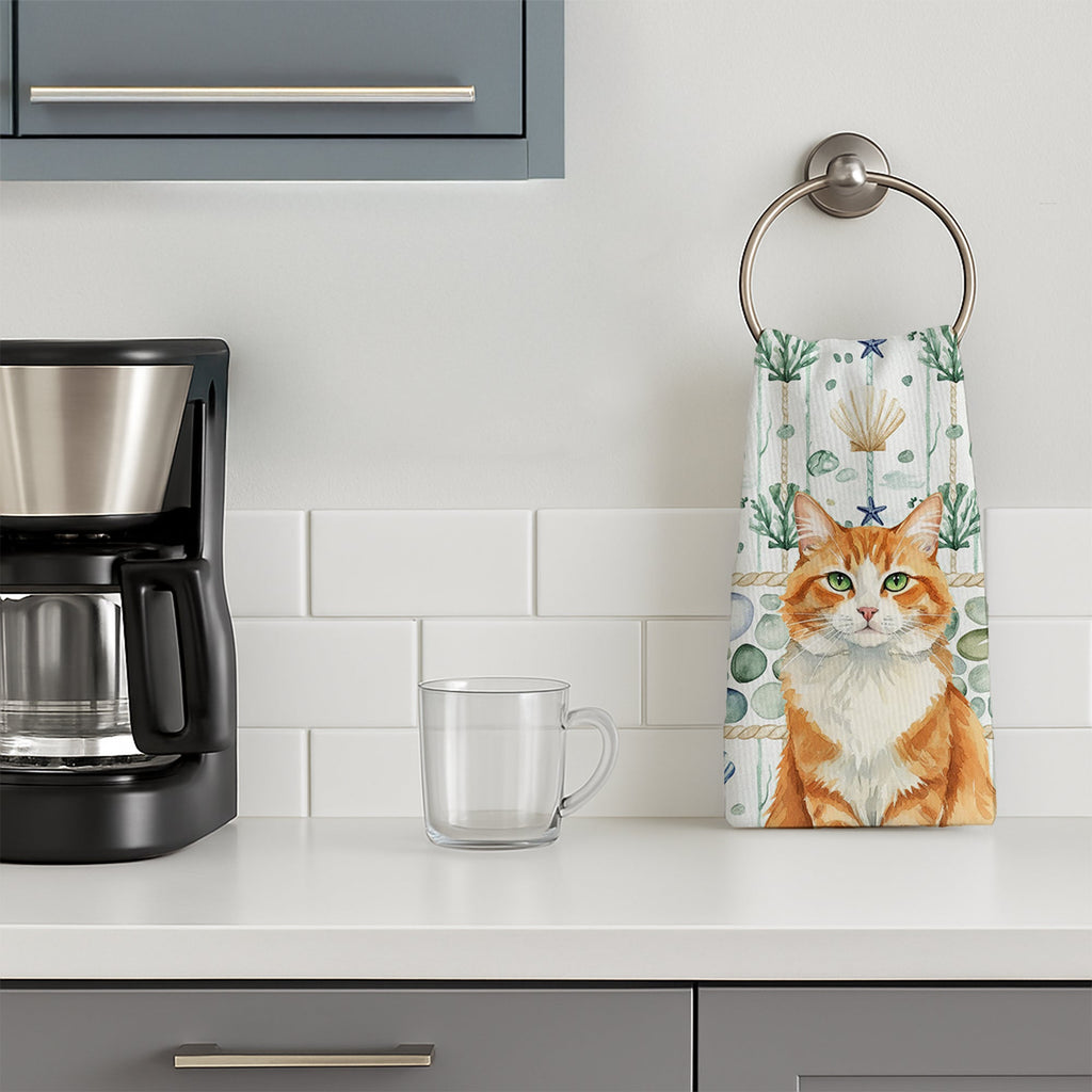 Orange and White Cat Coastal Sea Glass Kitchen Towel Velour Plush Front and Cotton Loop Back Machine Washable