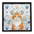 Orange and White Cat Coastal Sea Glass Framed Metal Print Bathroom, Kitchen, Office, Home Decor Wall Art Ready to Hang, Square, 8X8