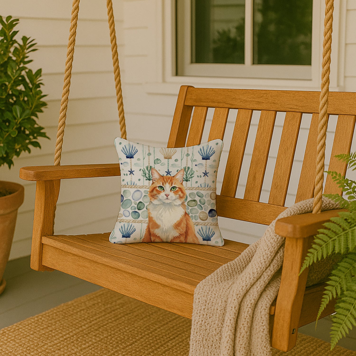 Orange and White Cat Coastal Sea Glass Decorative Throw Pillow 14x14 Indoor Outdoor Accent Cushion, Fabric Cover with Insert for Sofa, Bed, Porch & Living Room