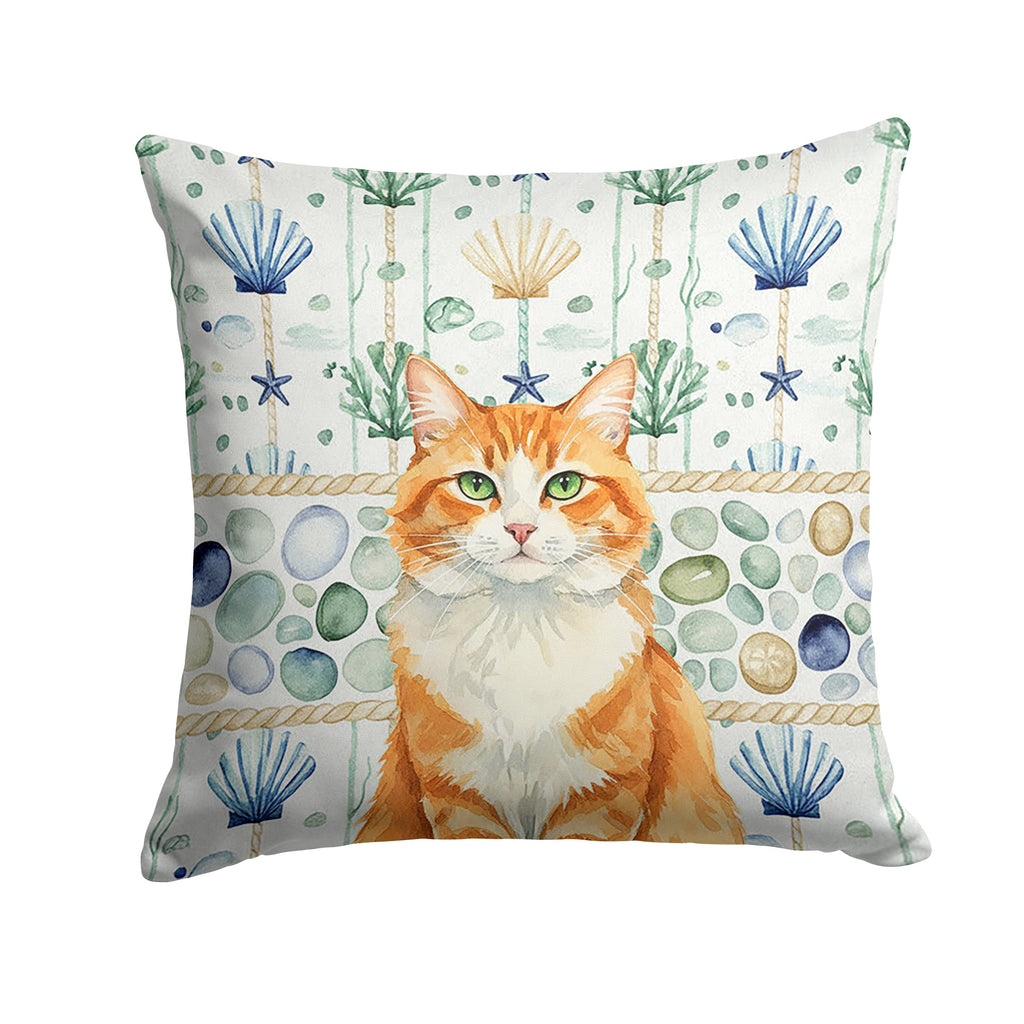 Orange and White Cat Coastal Sea Glass Decorative Throw Pillow 18x18 Indoor Outdoor Accent Cushion, Fabric Cover with Insert for Sofa, Bed, Porch & Living Room