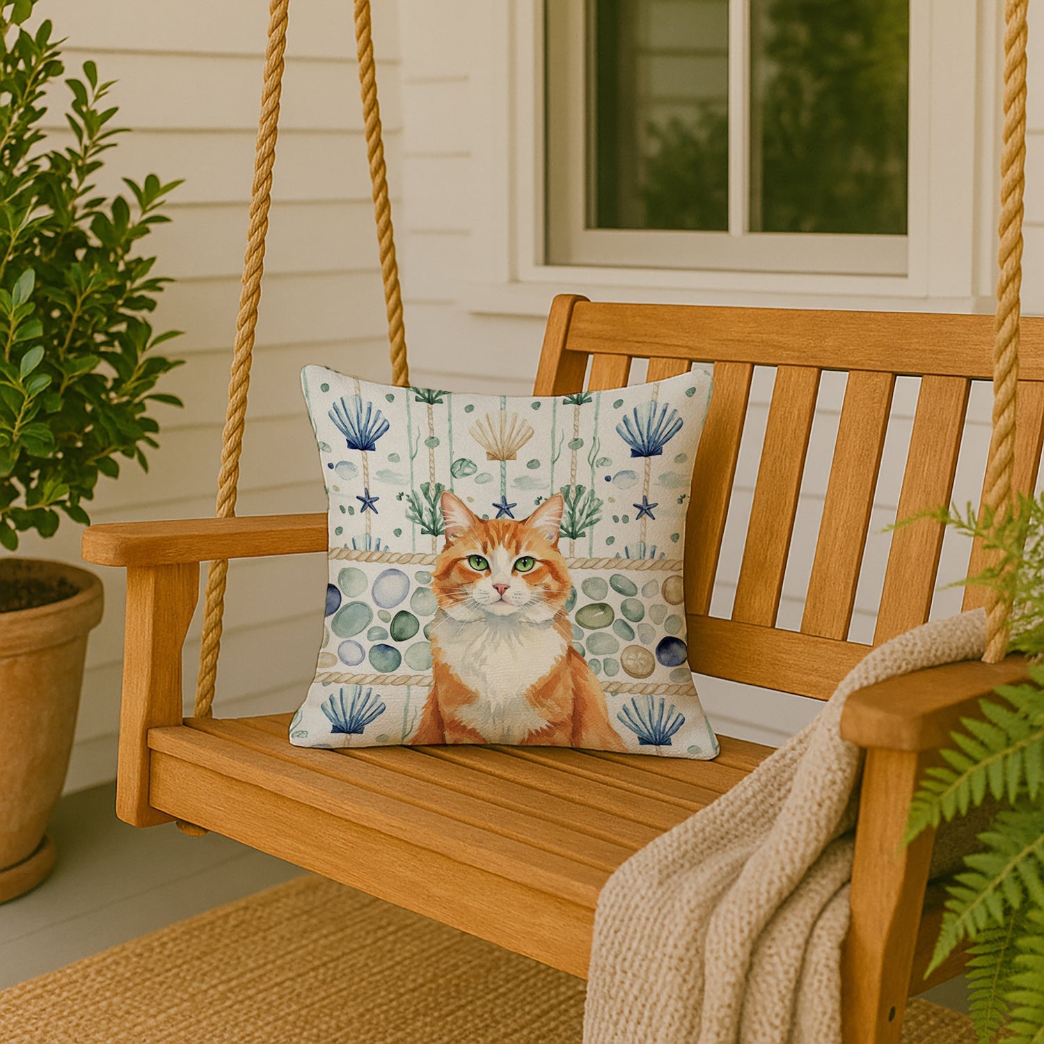 Orange and White Cat Coastal Sea Glass Decorative Throw Pillow 18x18 Indoor Outdoor Accent Cushion, Fabric Cover with Insert for Sofa, Bed, Porch & Living Room