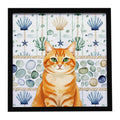 Orange Classic Tabby Cat Coastal Sea Glass Framed Metal Print Bathroom, Kitchen, Office, Home Decor Wall Art Ready to Hang, Square, 8X8