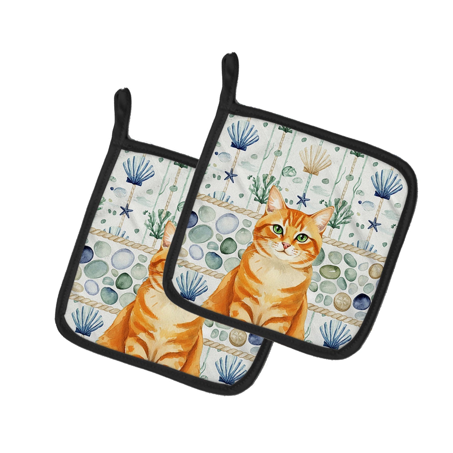 Orange Classic Tabby Cat Coastal Sea Glass Pot Holder Set of 2 Heat Resistant Quilted Hot Pads 7.5 x 7.5 Inch, Insulated Kitchen Trivets for Cooking & Baking