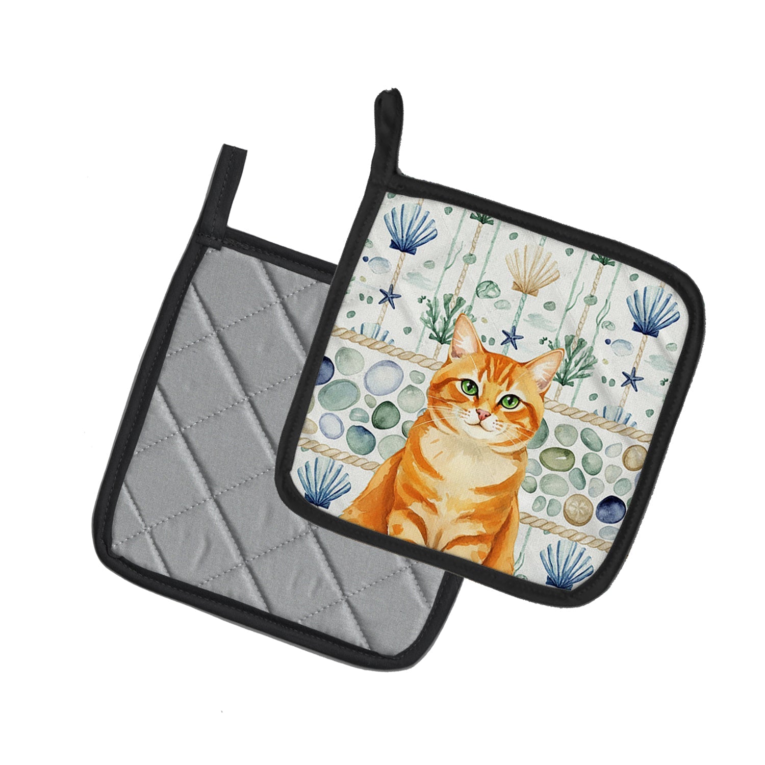 Orange Classic Tabby Cat Coastal Sea Glass Pot Holder Set of 2 Heat Resistant Quilted Hot Pads 7.5 x 7.5 Inch, Insulated Kitchen Trivets for Cooking & Baking