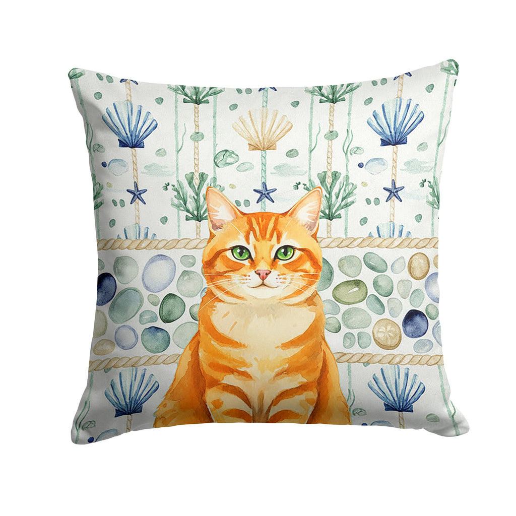 Orange Classic Tabby Cat Coastal Sea Glass Decorative Throw Pillow 14x14 Indoor Outdoor Accent Cushion, Fabric Cover with Insert for Sofa, Bed, Porch & Living Room