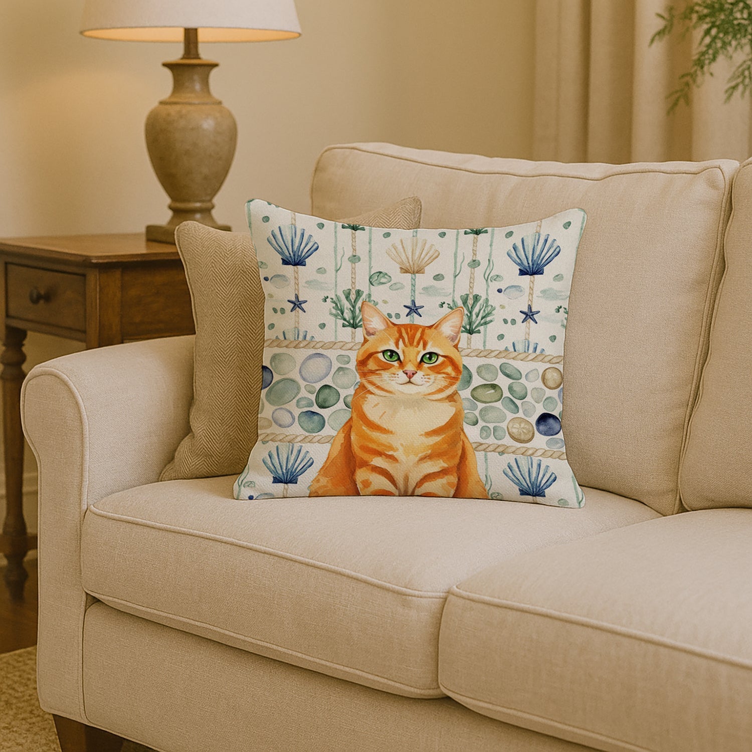 Orange Classic Tabby Cat Coastal Sea Glass Decorative Throw Pillow 14x14 Indoor Outdoor Accent Cushion, Fabric Cover with Insert for Sofa, Bed, Porch & Living Room