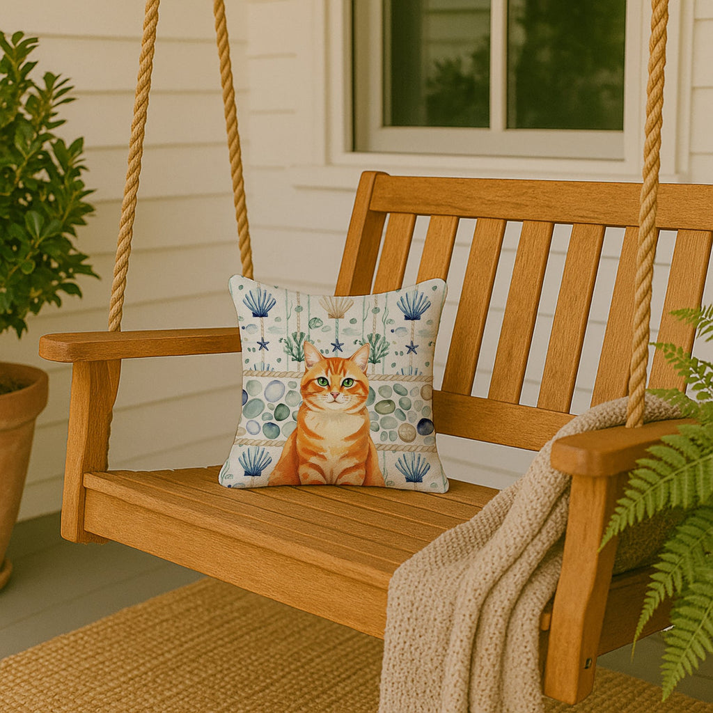 Orange Classic Tabby Cat Coastal Sea Glass Decorative Throw Pillow 14x14 Indoor Outdoor Accent Cushion, Fabric Cover with Insert for Sofa, Bed, Porch & Living Room