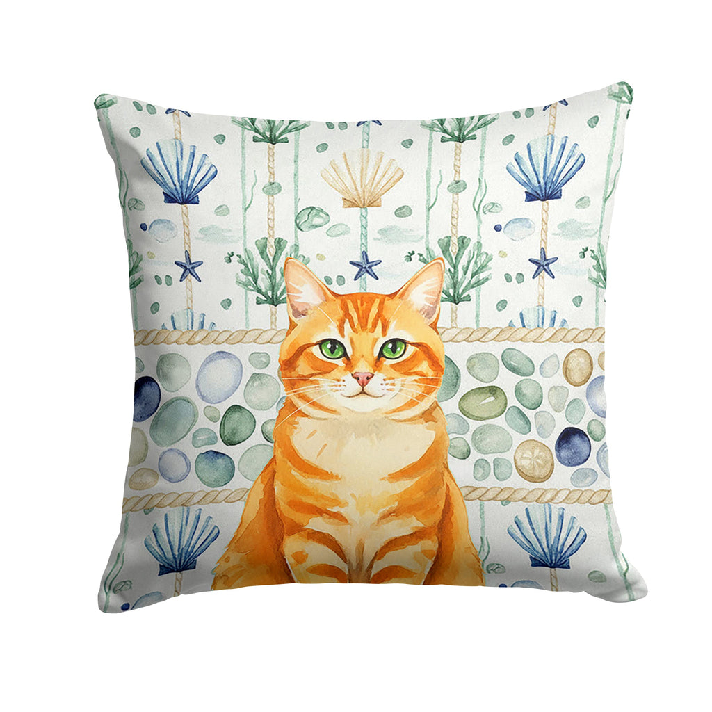 Orange Classic Tabby Cat Coastal Sea Glass Decorative Throw Pillow 18x18 Indoor Outdoor Accent Cushion, Fabric Cover with Insert for Sofa, Bed, Porch & Living Room