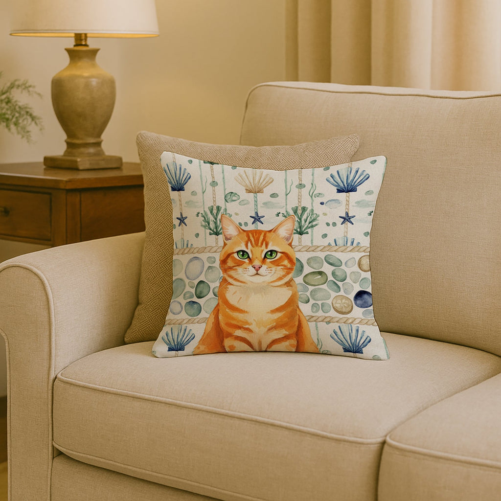 Orange Classic Tabby Cat Coastal Sea Glass Decorative Throw Pillow 18x18 Indoor Outdoor Accent Cushion, Fabric Cover with Insert for Sofa, Bed, Porch & Living Room