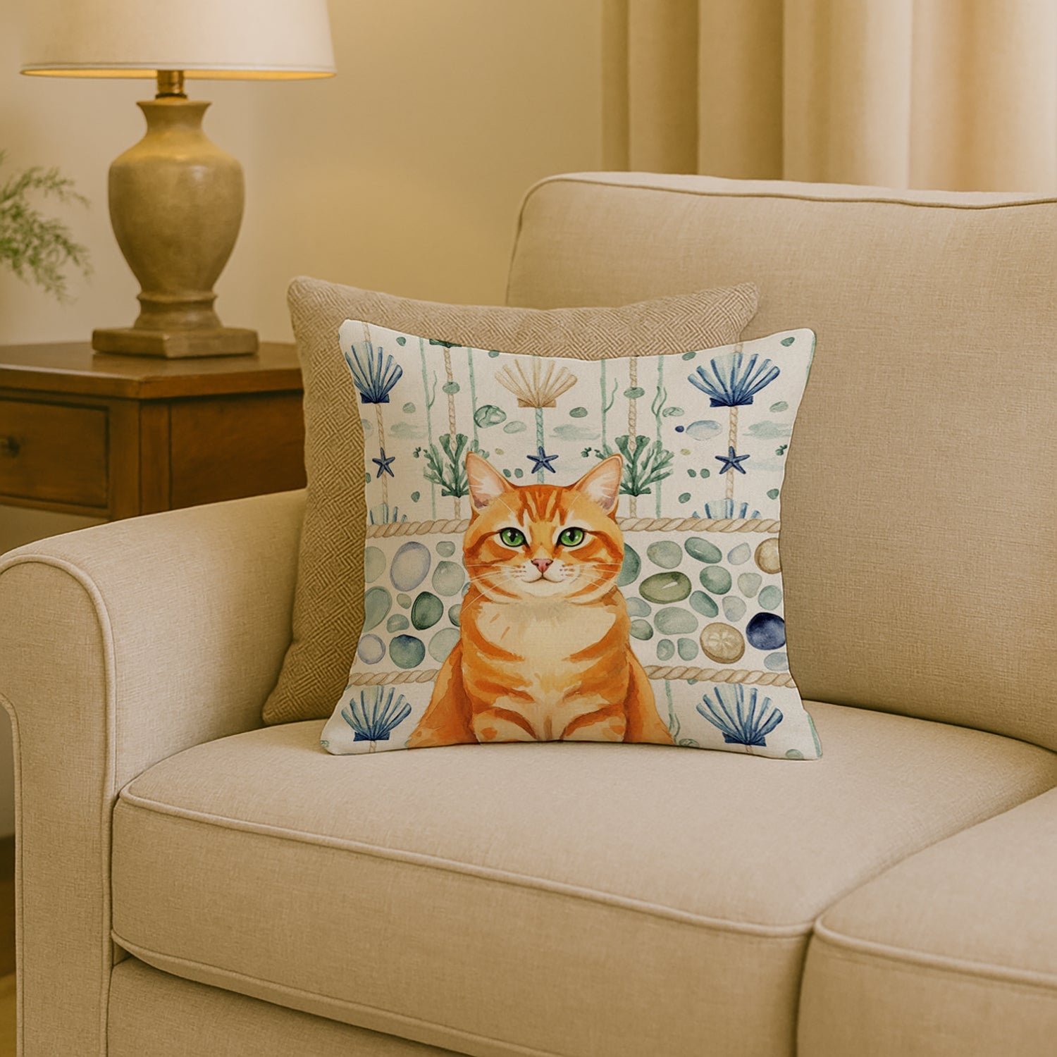 Orange Classic Tabby Cat Coastal Sea Glass Decorative Throw Pillow 18x18 Indoor Outdoor Accent Cushion, Fabric Cover with Insert for Sofa, Bed, Porch & Living Room