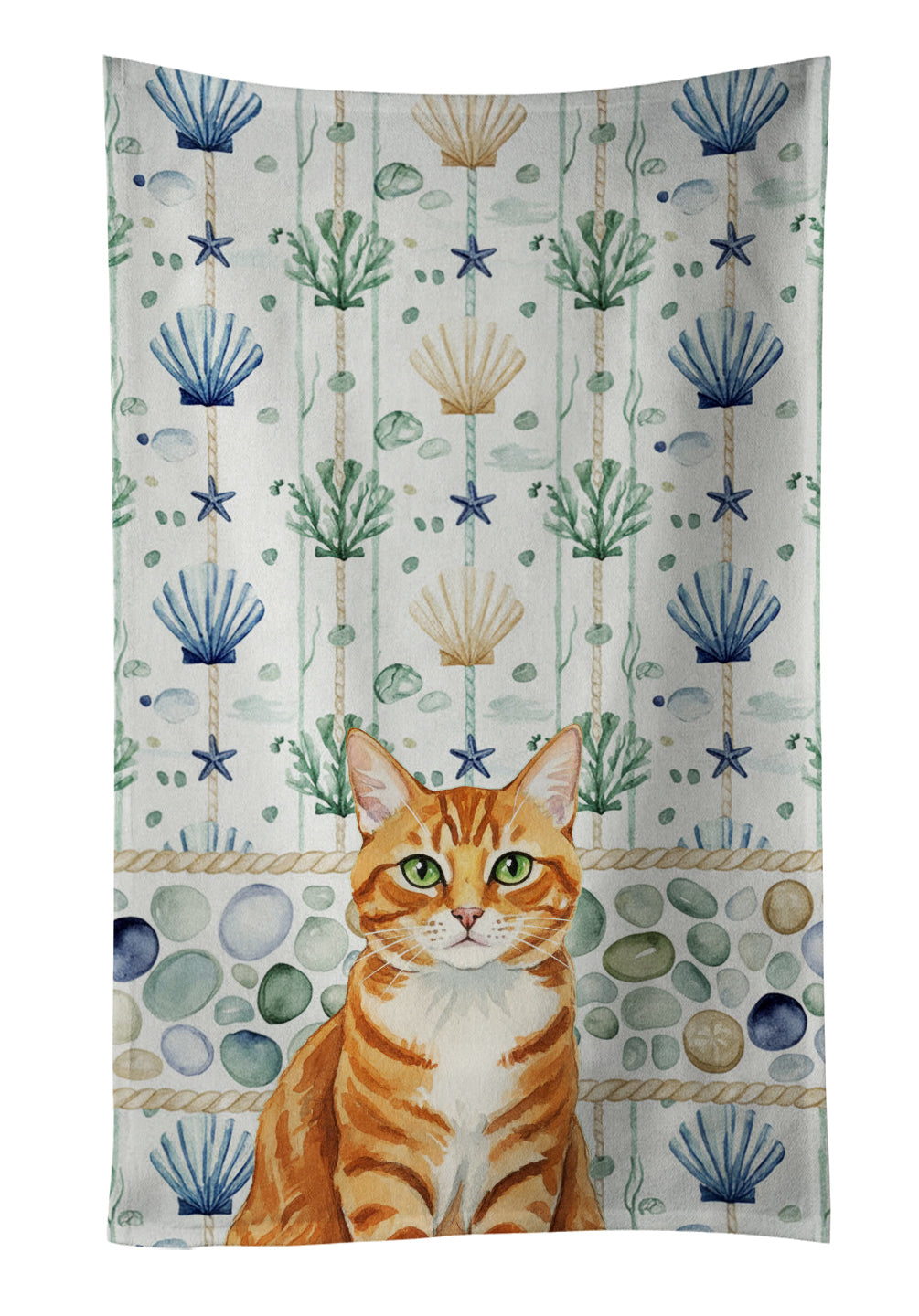 Orange Mackerel Tabby Cat Coastal Sea Glass Kitchen Towel Velour Plush Front and Cotton Loop Back Machine Washable
