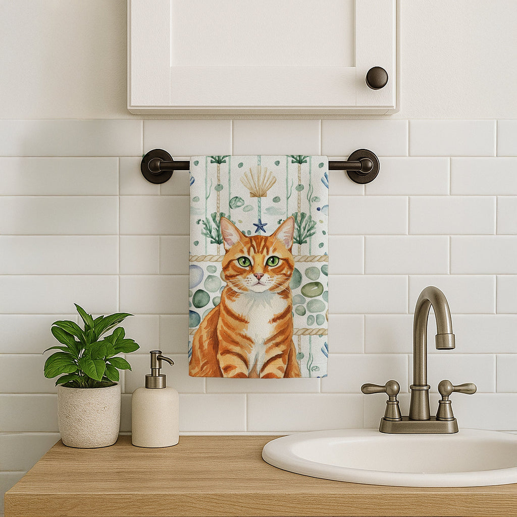 Orange Mackerel Tabby Cat Coastal Sea Glass Kitchen Towel Velour Plush Front and Cotton Loop Back Machine Washable