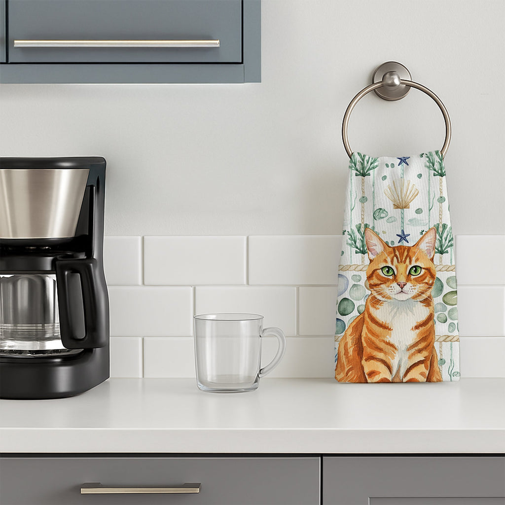 Orange Mackerel Tabby Cat Coastal Sea Glass Kitchen Towel Velour Plush Front and Cotton Loop Back Machine Washable
