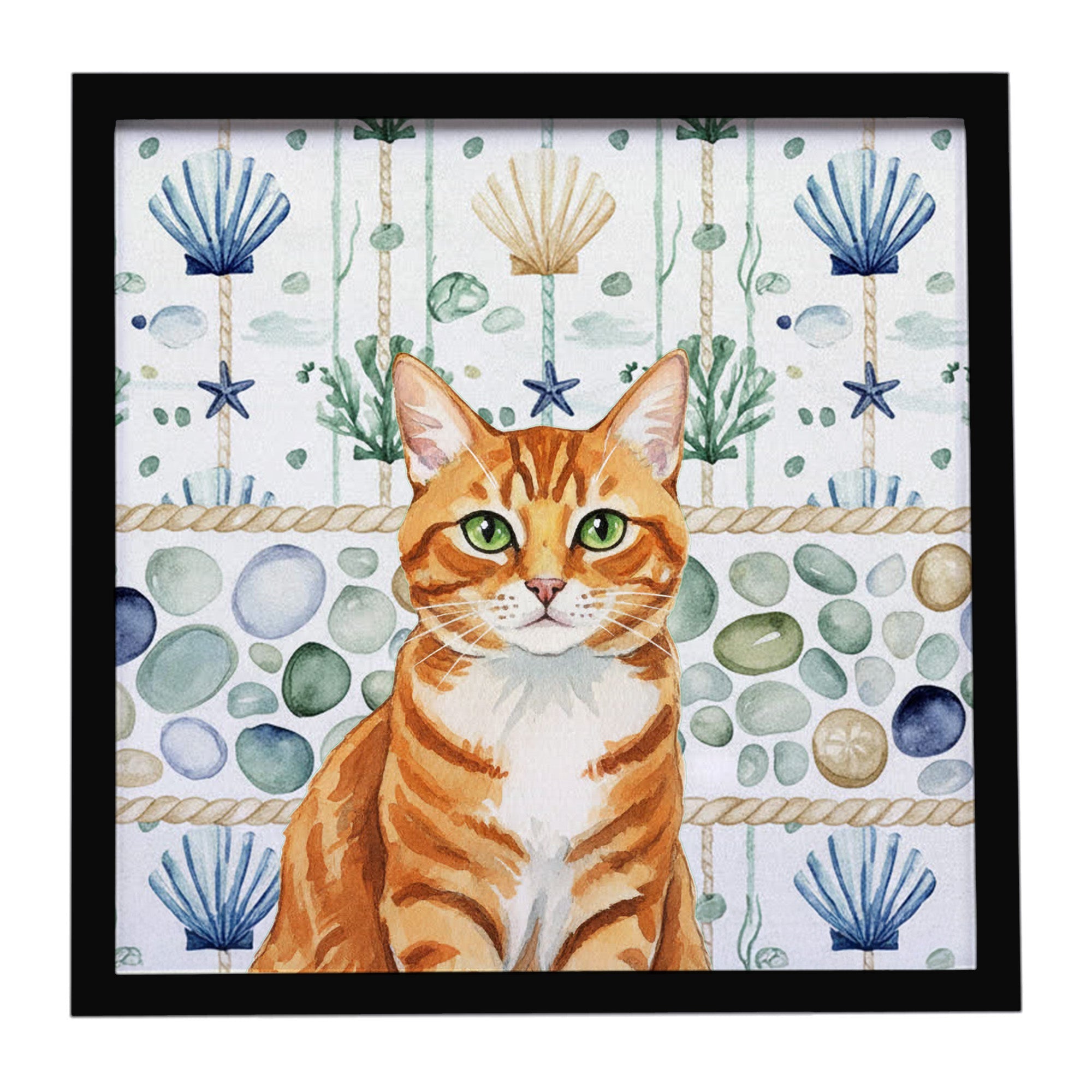 Orange Mackerel Tabby Cat Coastal Sea Glass Framed Metal Print Bathroom, Kitchen, Office, Home Decor Wall Art Ready to Hang, Square, 8X8