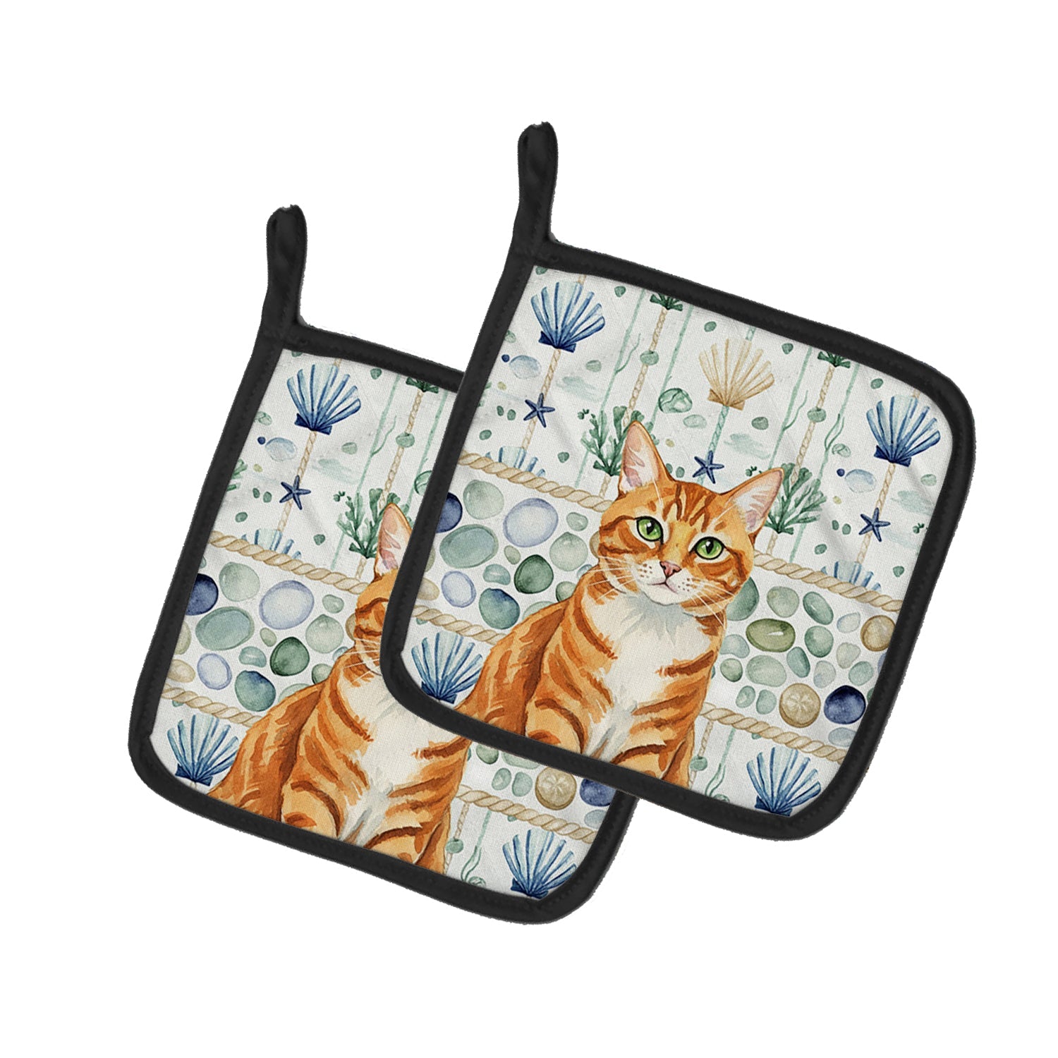 Orange Mackerel Tabby Cat Coastal Sea Glass Pot Holder Set of 2 Heat Resistant Quilted Hot Pads 7.5 x 7.5 Inch, Insulated Kitchen Trivets for Cooking & Baking