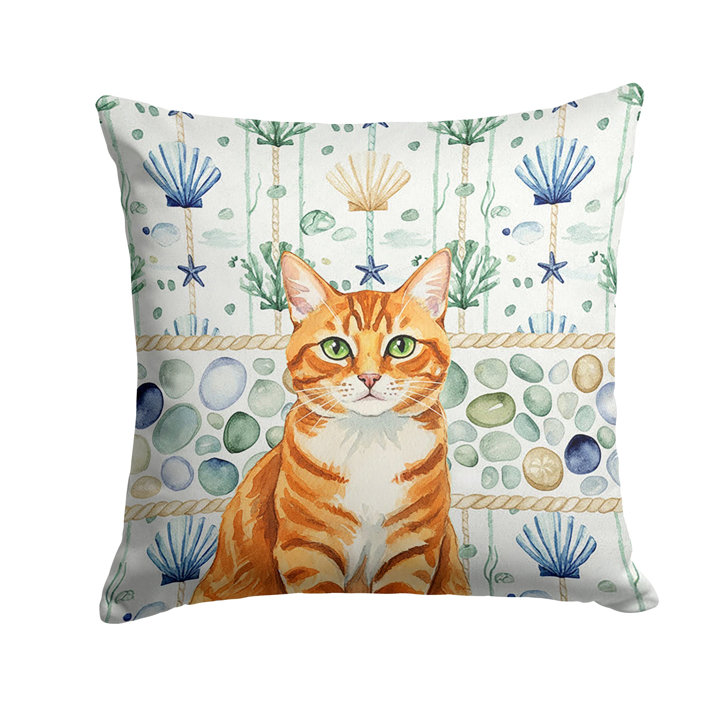 Orange Mackerel Tabby Cat Coastal Sea Glass Decorative Throw Pillow 14x14 Indoor Outdoor Accent Cushion, Fabric Cover with Insert for Sofa, Bed, Porch & Living Room