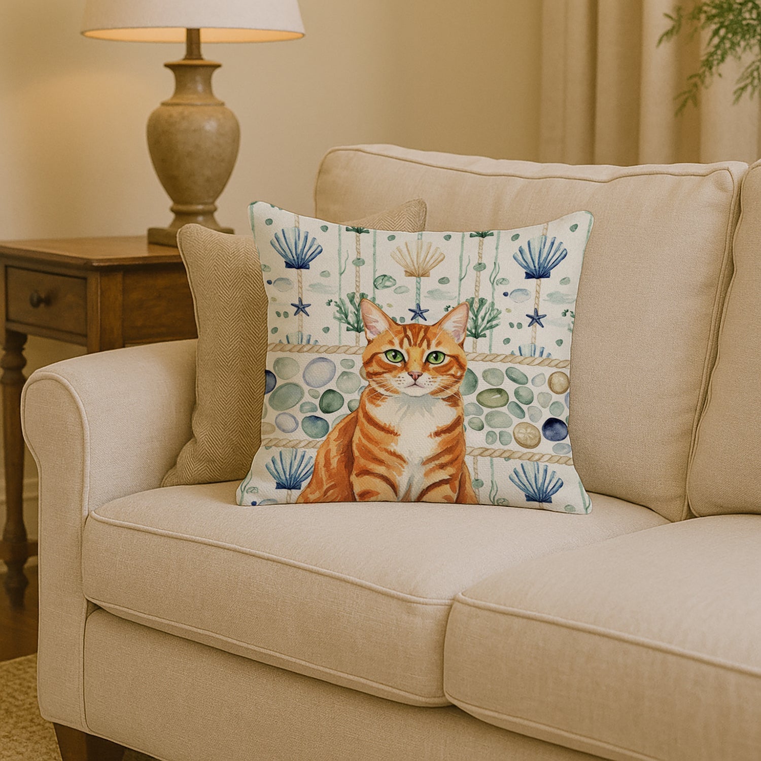 Orange Mackerel Tabby Cat Coastal Sea Glass Decorative Throw Pillow 14x14 Indoor Outdoor Accent Cushion, Fabric Cover with Insert for Sofa, Bed, Porch & Living Room