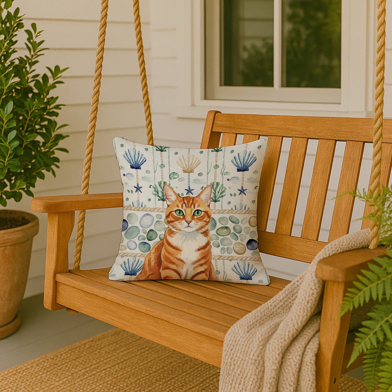Orange Mackerel Tabby Cat Coastal Sea Glass Decorative Throw Pillow 18x18 Indoor Outdoor Accent Cushion, Fabric Cover with Insert for Sofa, Bed, Porch & Living Room
