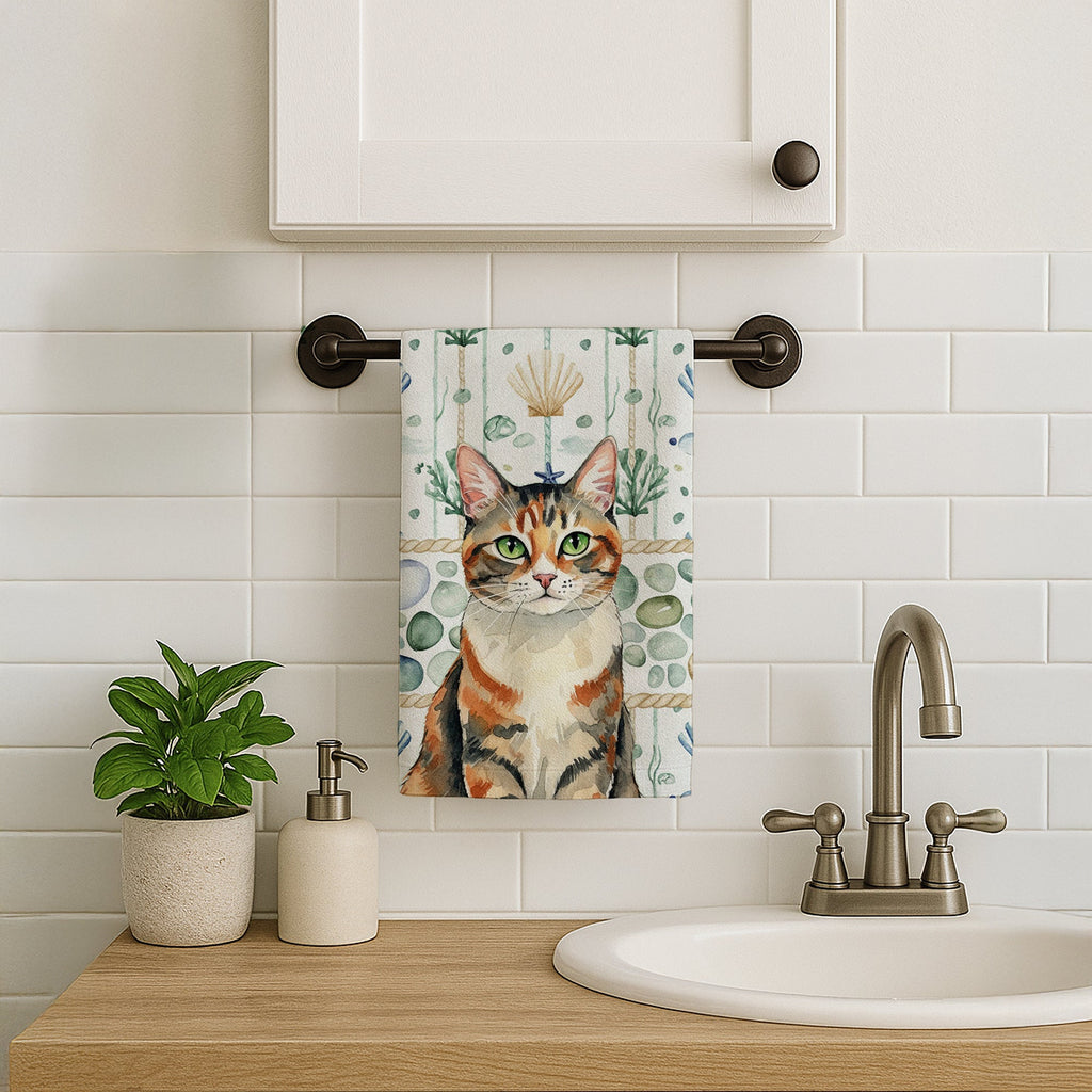 Patched Tabby Cat Coastal Sea Glass Kitchen Towel Velour Plush Front and Cotton Loop Back Machine Washable