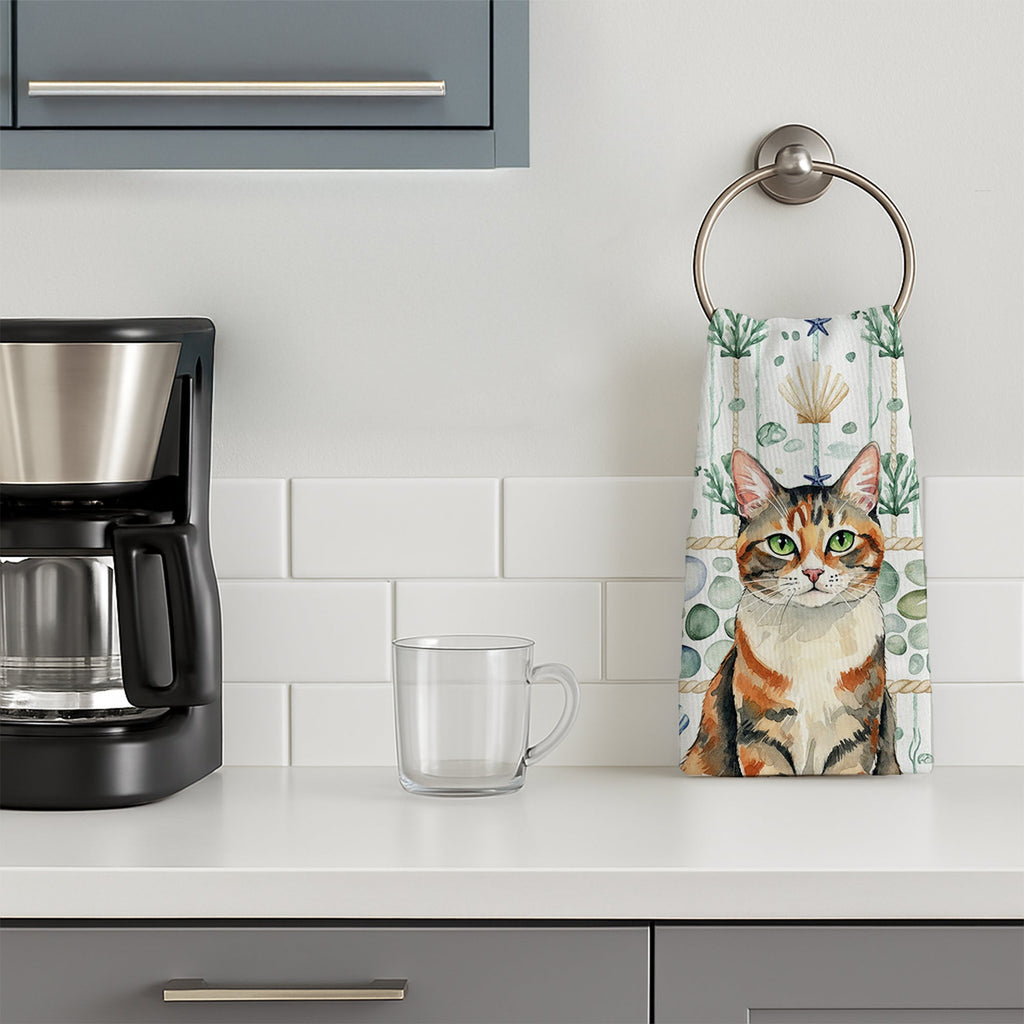 Patched Tabby Cat Coastal Sea Glass Kitchen Towel Velour Plush Front and Cotton Loop Back Machine Washable