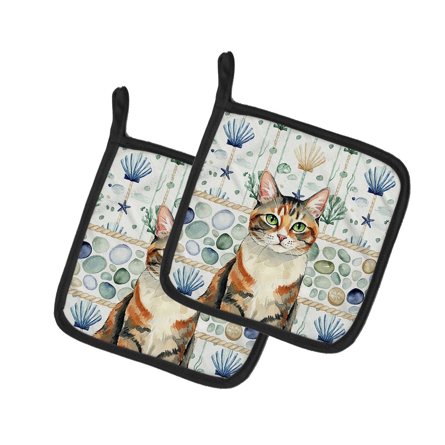 Patched Tabby Cat Coastal Sea Glass Pot Holder Set of 2 Heat Resistant Quilted Hot Pads 7.5 x 7.5 Inch, Insulated Kitchen Trivets for Cooking & Baking