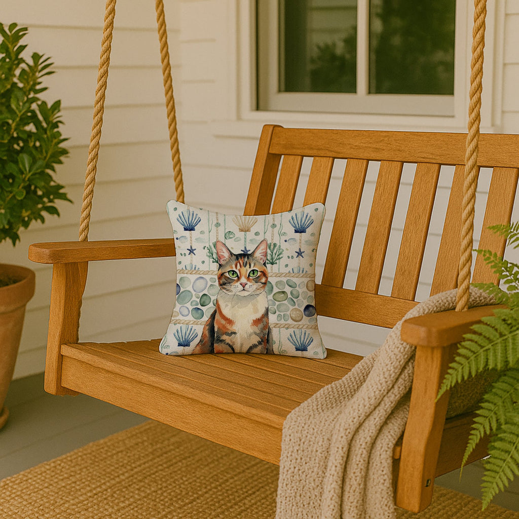 Patched Tabby Cat Coastal Sea Glass Decorative Throw Pillow 14x14 Indoor Outdoor Accent Cushion, Fabric Cover with Insert for Sofa, Bed, Porch & Living Room