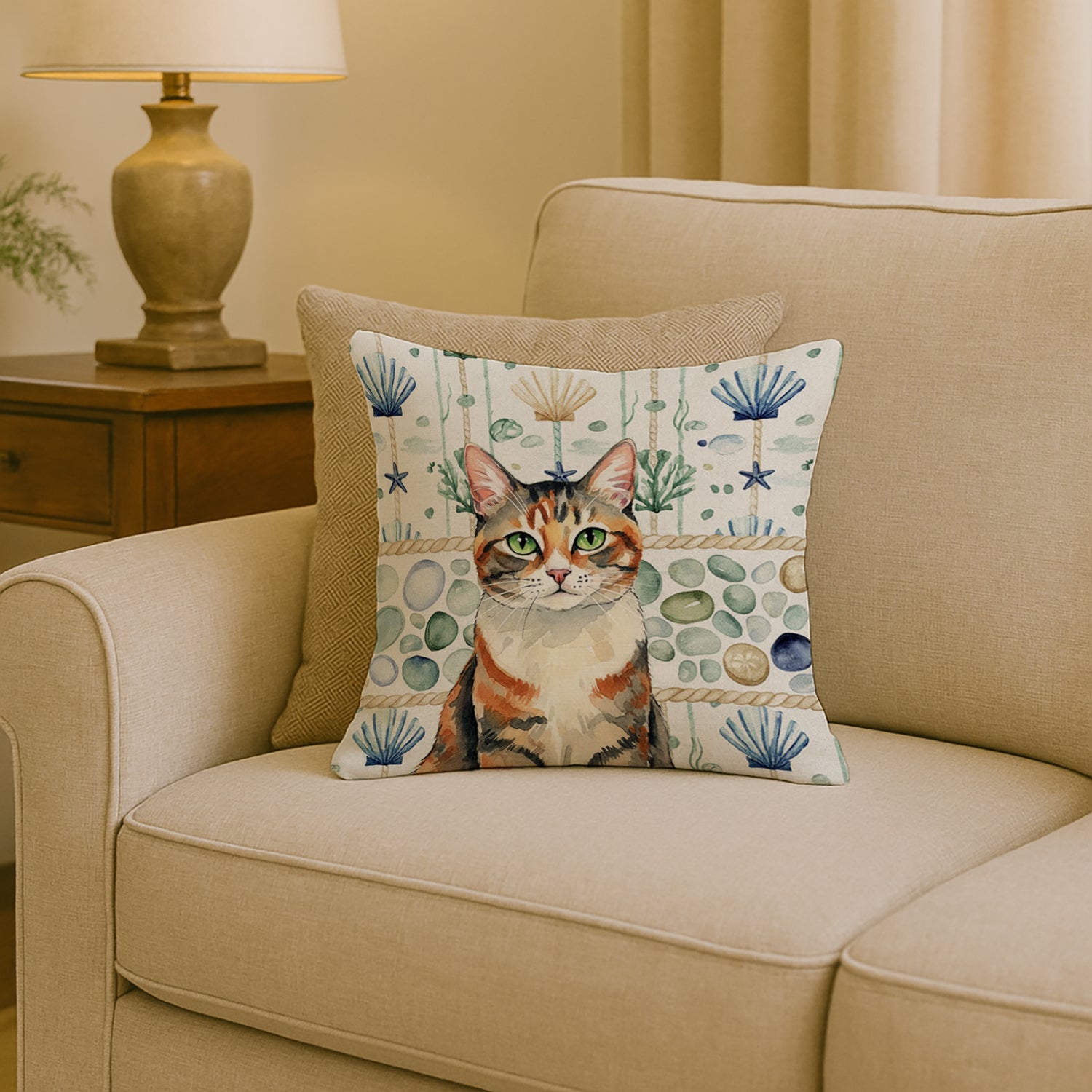 Patched Tabby Cat Coastal Sea Glass Decorative Throw Pillow 18x18 Indoor Outdoor Accent Cushion, Fabric Cover with Insert for Sofa, Bed, Porch & Living Room