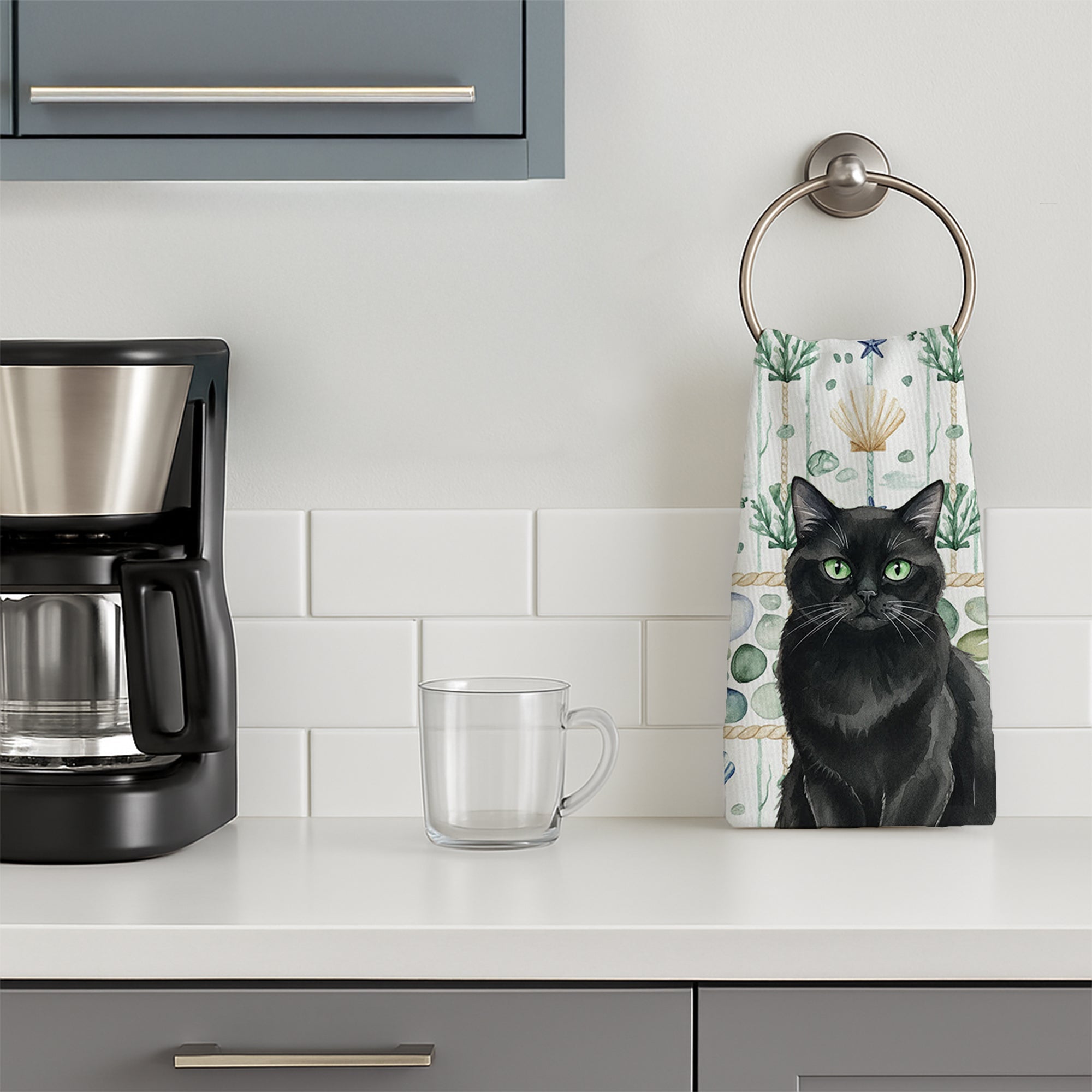 Persian Black Cat Coastal Sea Glass Kitchen Towel Velour Plush Front and Cotton Loop Back Machine Washable