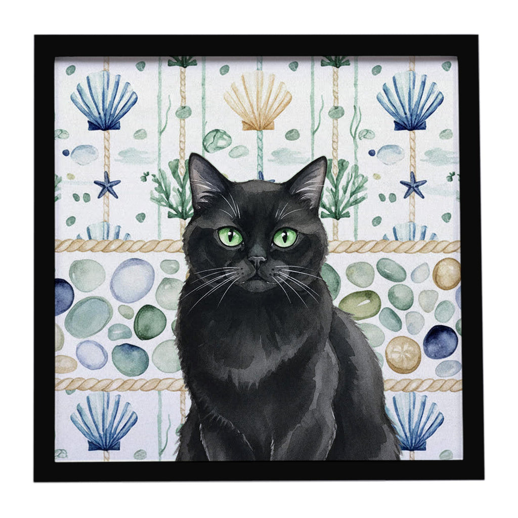 Persian Black Cat Coastal Sea Glass Framed Metal Print Bathroom, Kitchen, Office, Home Decor Wall Art Ready to Hang, Square, 8X8
