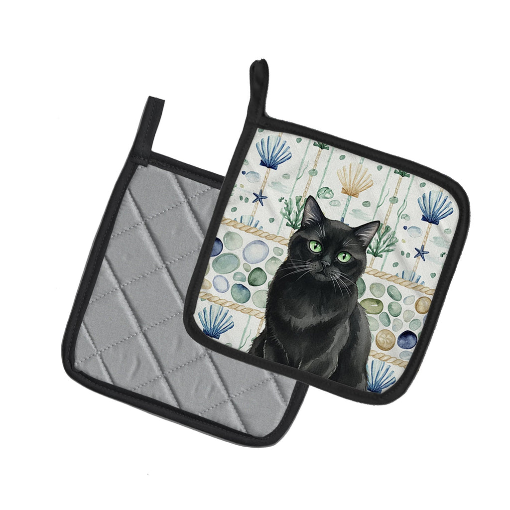 Persian Black Cat Coastal Sea Glass Pot Holder Set of 2 Heat Resistant Quilted Hot Pads 7.5 x 7.5 Inch, Insulated Kitchen Trivets for Cooking & Baking