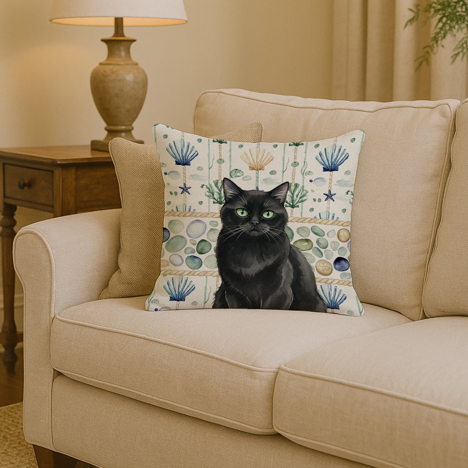 Persian Black Cat Coastal Sea Glass Decorative Throw Pillow 14x14 Indoor Outdoor Accent Cushion, Fabric Cover with Insert for Sofa, Bed, Porch & Living Room
