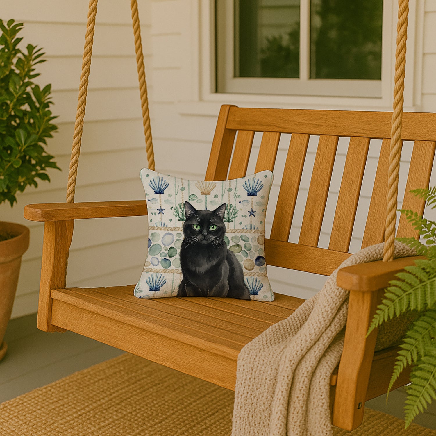 Persian Black Cat Coastal Sea Glass Decorative Throw Pillow 14x14 Indoor Outdoor Accent Cushion, Fabric Cover with Insert for Sofa, Bed, Porch & Living Room