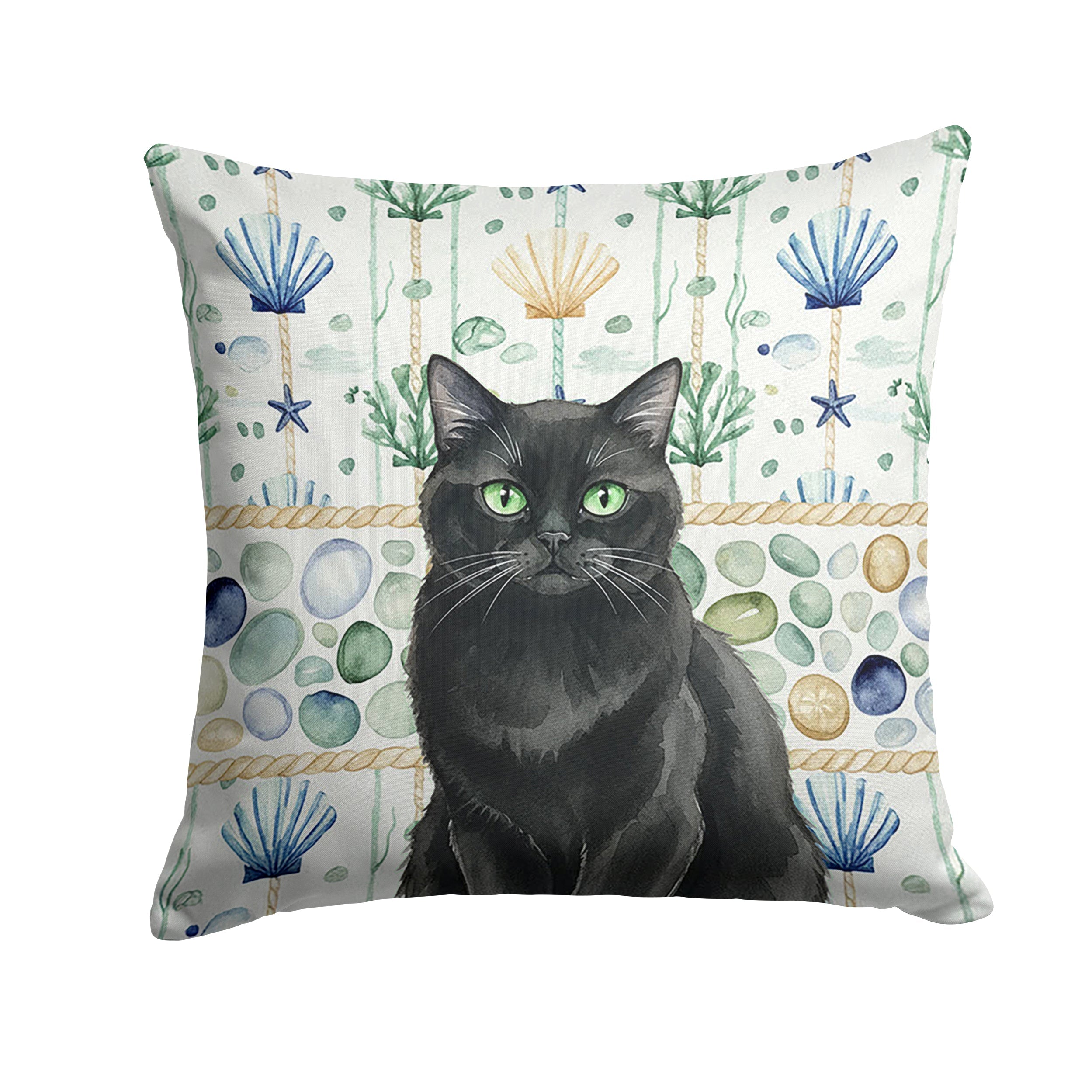Persian Black Cat Coastal Sea Glass Decorative Throw Pillow 18x18 Indoor Outdoor Accent Cushion, Fabric Cover with Insert for Sofa, Bed, Porch & Living Room