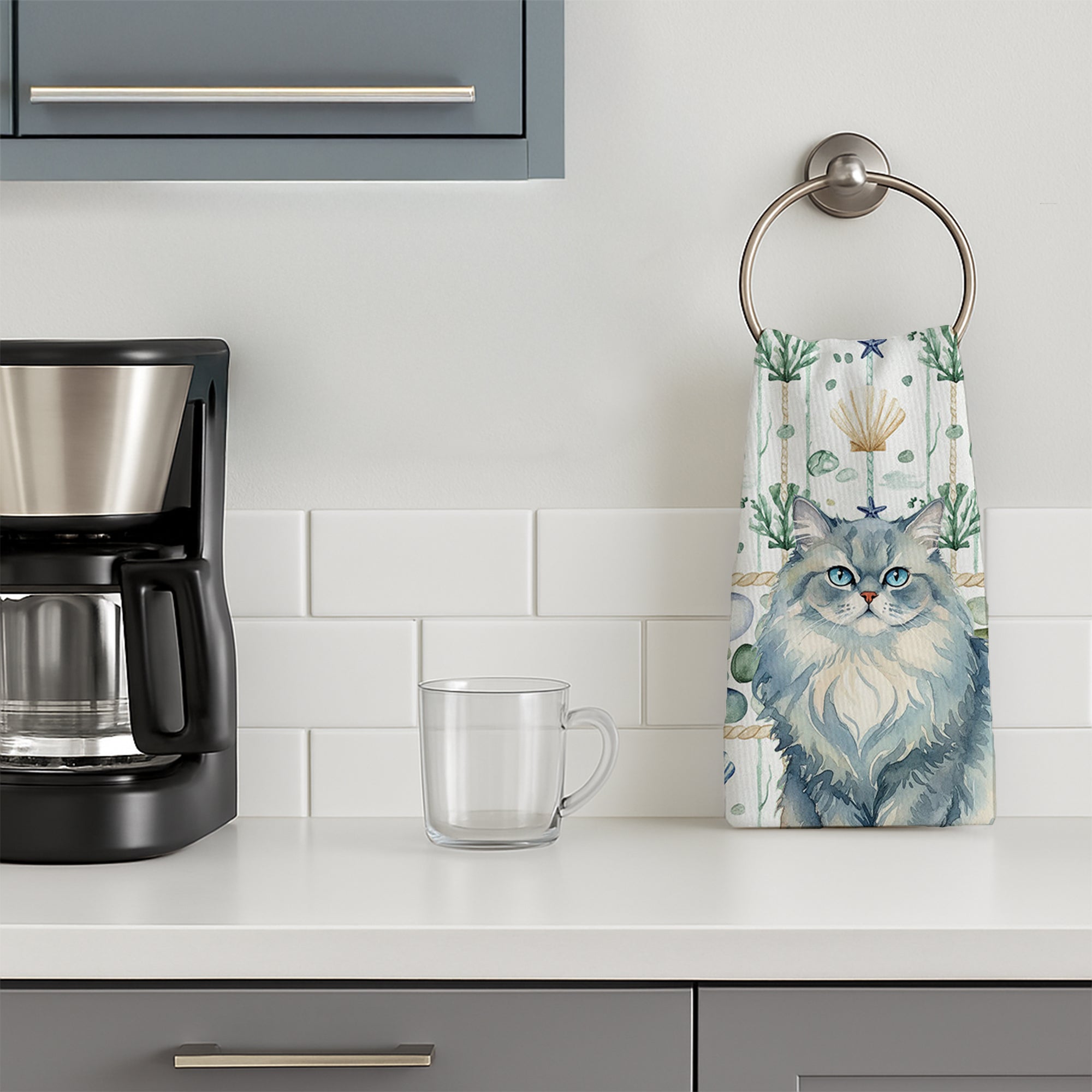 Persian Blue Cat Coastal Sea Glass Kitchen Towel Velour Plush Front and Cotton Loop Back Machine Washable