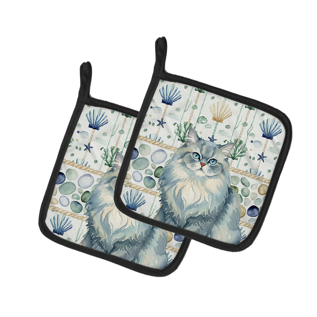Persian Blue Cat Coastal Sea Glass Pot Holder Set of 2 Heat Resistant Quilted Hot Pads 7.5 x 7.5 Inch, Insulated Kitchen Trivets for Cooking & Baking