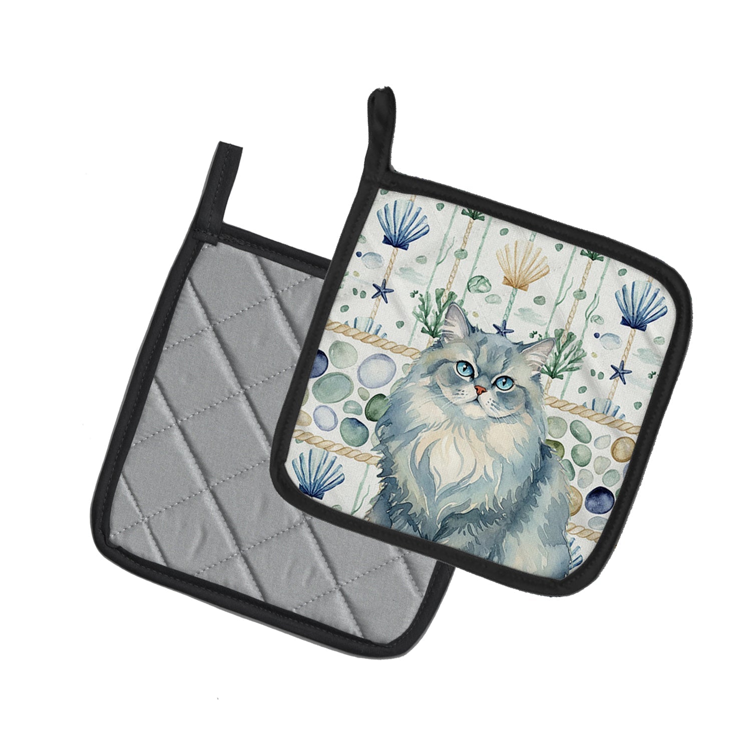 Persian Blue Cat Coastal Sea Glass Pot Holder Set of 2 Heat Resistant Quilted Hot Pads 7.5 x 7.5 Inch, Insulated Kitchen Trivets for Cooking & Baking