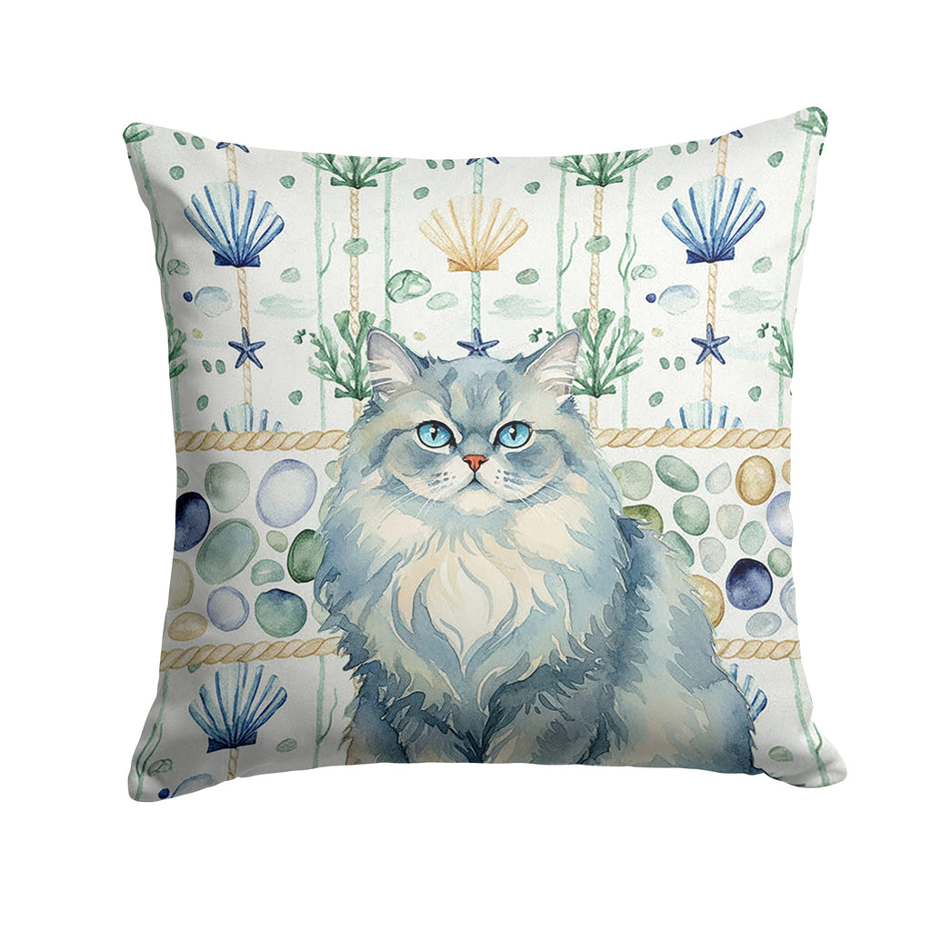 Persian Blue Cat Coastal Sea Glass Decorative Throw Pillow 14x14 Indoor Outdoor Accent Cushion, Fabric Cover with Insert for Sofa, Bed, Porch & Living Room