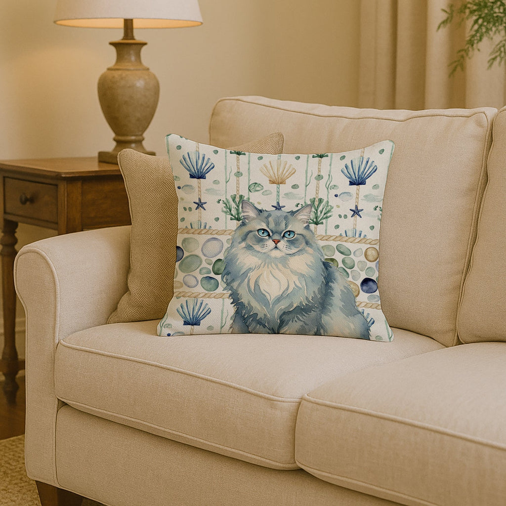 Persian Blue Cat Coastal Sea Glass Decorative Throw Pillow 14x14 Indoor Outdoor Accent Cushion, Fabric Cover with Insert for Sofa, Bed, Porch & Living Room