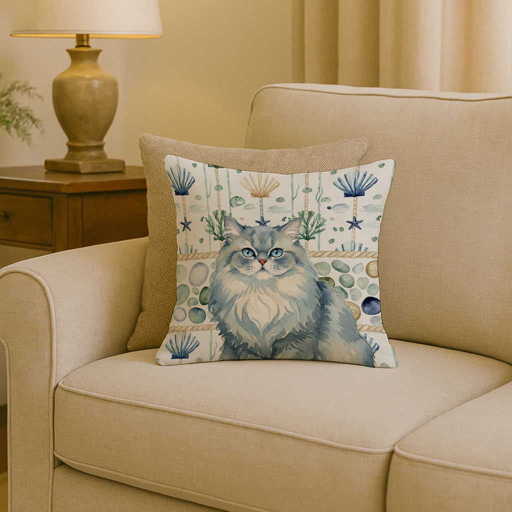 Persian Blue Cat Coastal Sea Glass Decorative Throw Pillow 18x18 Indoor Outdoor Accent Cushion, Fabric Cover with Insert for Sofa, Bed, Porch & Living Room