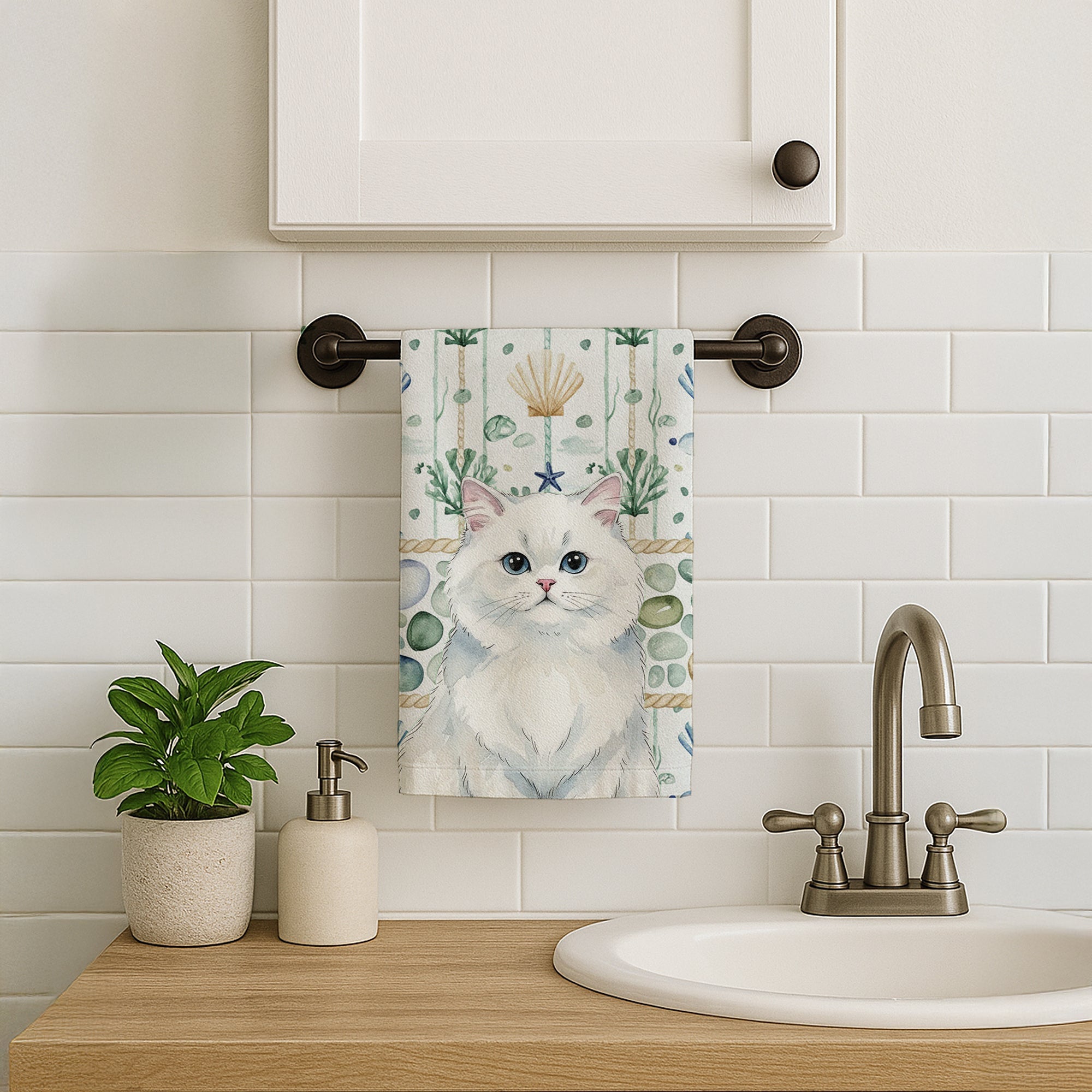 Persian White Cat Coastal Sea Glass Kitchen Towel Velour Plush Front and Cotton Loop Back Machine Washable