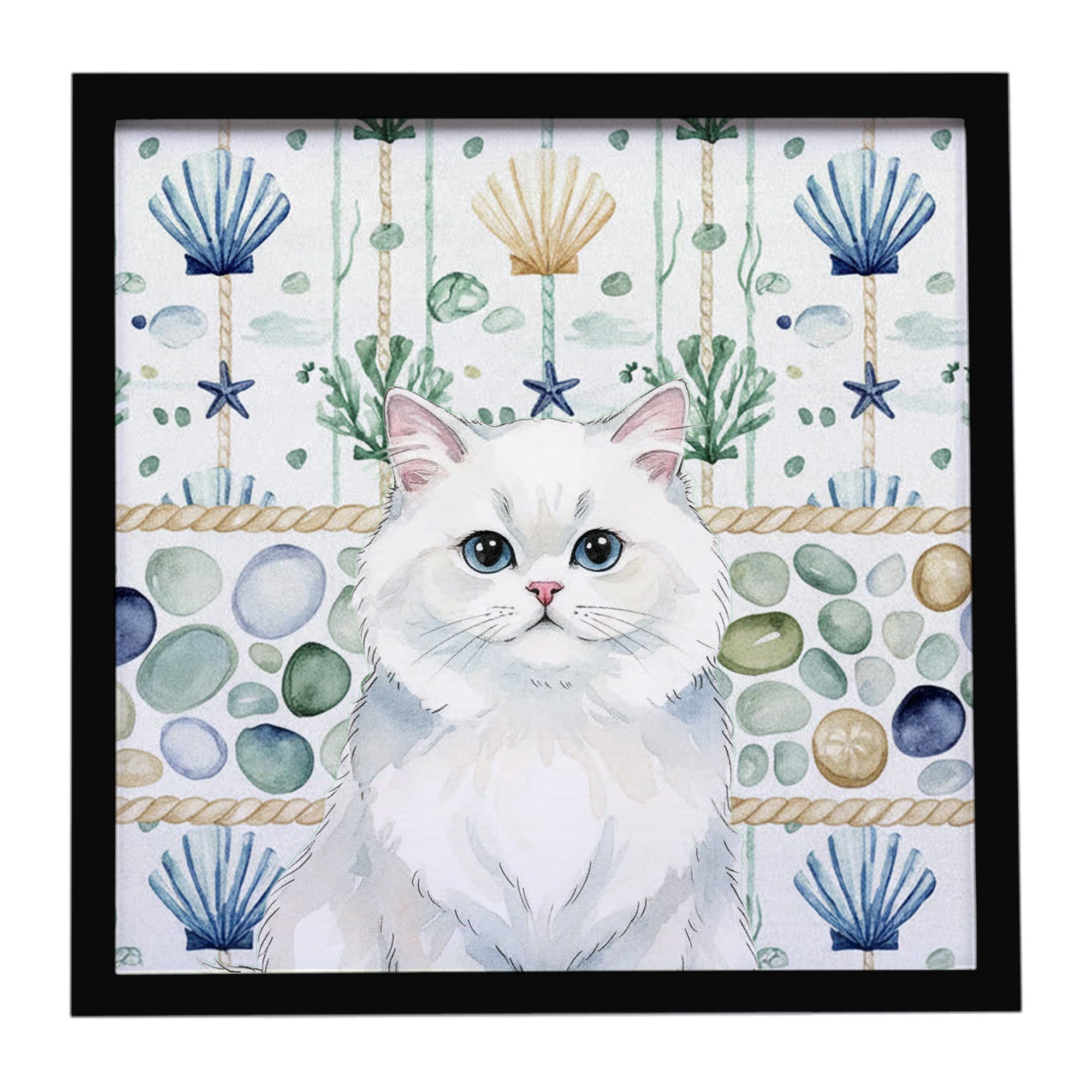 Persian White Cat Coastal Sea Glass Framed Metal Print Bathroom, Kitchen, Office, Home Decor Wall Art Ready to Hang, Square, 8X8
