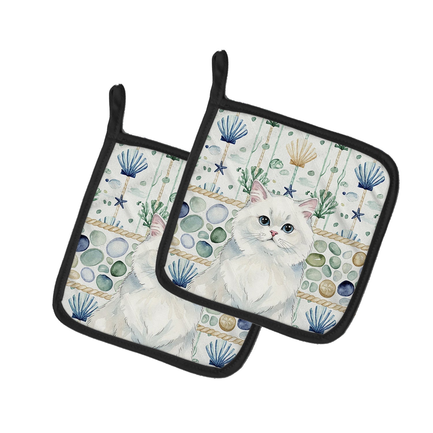 Persian White Cat Coastal Sea Glass Pot Holder Set of 2 Heat Resistant Quilted Hot Pads 7.5 x 7.5 Inch, Insulated Kitchen Trivets for Cooking & Baking