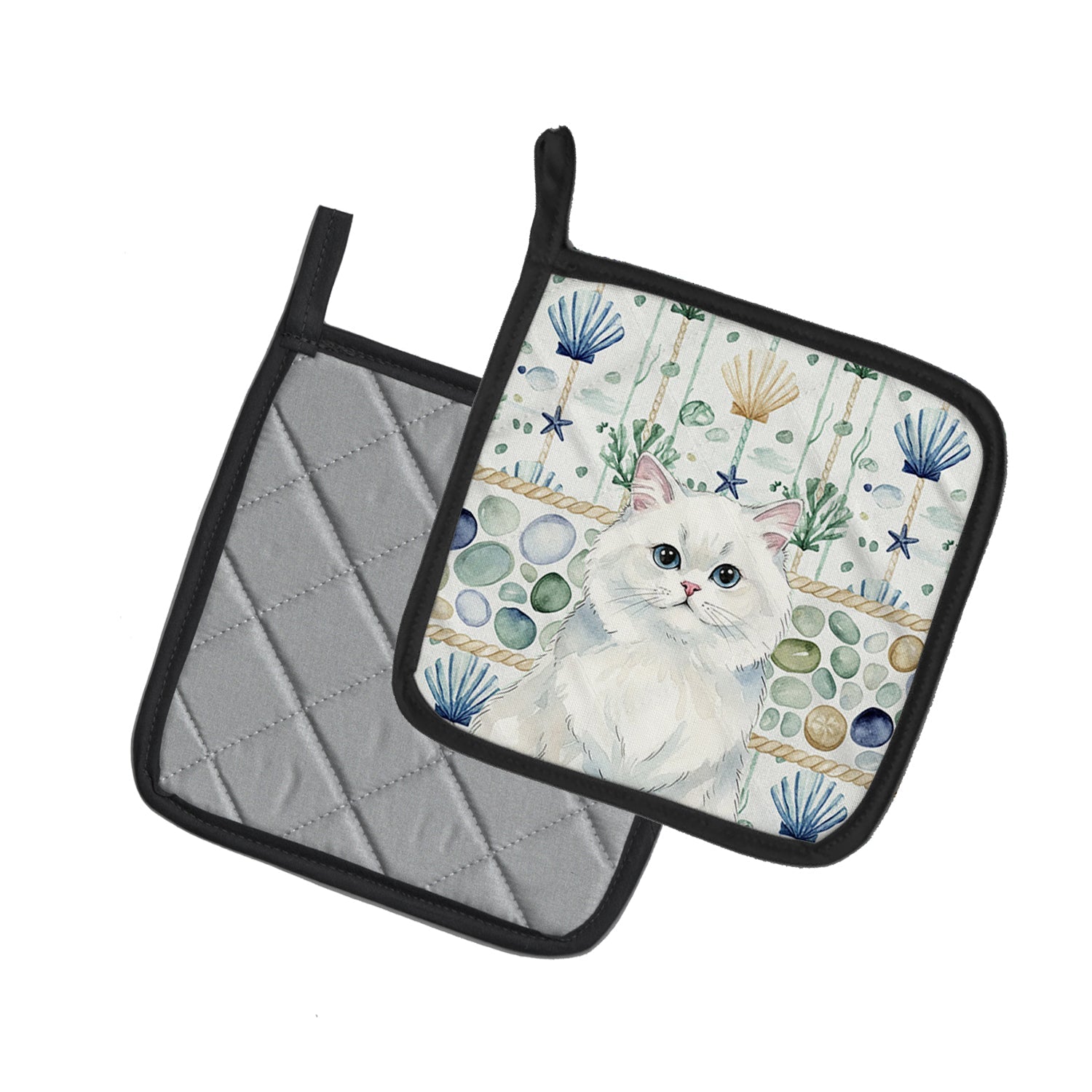 Persian White Cat Coastal Sea Glass Pot Holder Set of 2 Heat Resistant Quilted Hot Pads 7.5 x 7.5 Inch, Insulated Kitchen Trivets for Cooking & Baking