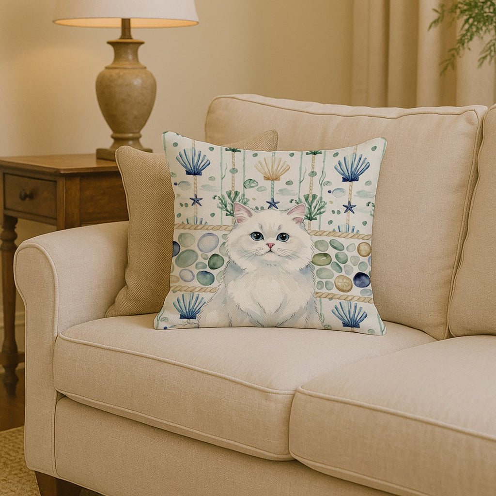 Persian White Cat Coastal Sea Glass Decorative Throw Pillow 14x14 Indoor Outdoor Accent Cushion, Fabric Cover with Insert for Sofa, Bed, Porch & Living Room