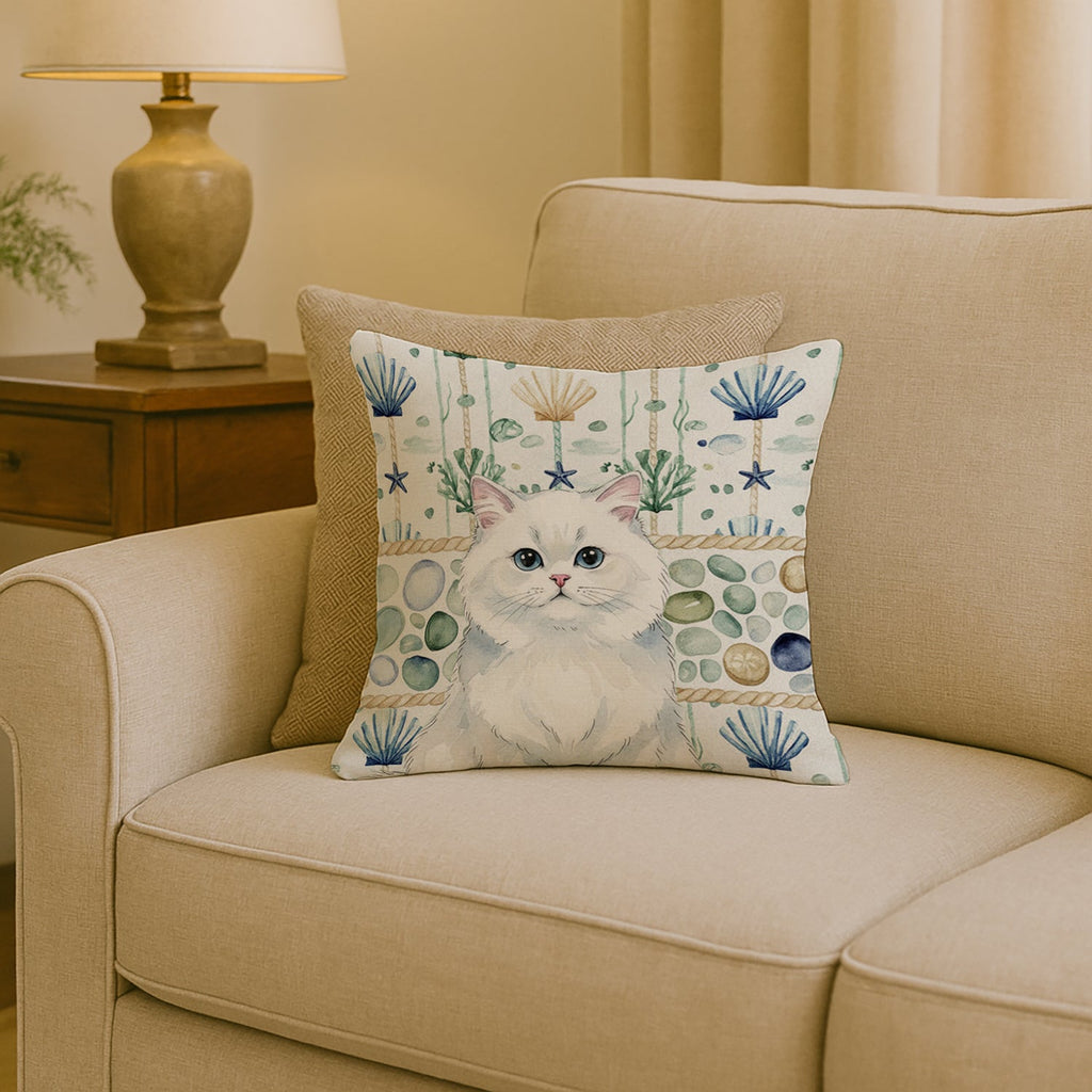 Persian White Cat Coastal Sea Glass Decorative Throw Pillow 18x18 Indoor Outdoor Accent Cushion, Fabric Cover with Insert for Sofa, Bed, Porch & Living Room
