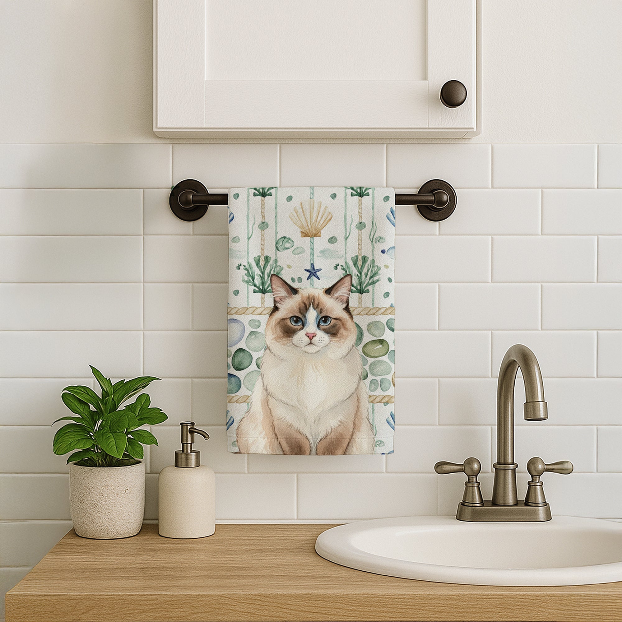Ragdoll Bicolor Cat Coastal Sea Glass Kitchen Towel Velour Plush Front and Cotton Loop Back Machine Washable